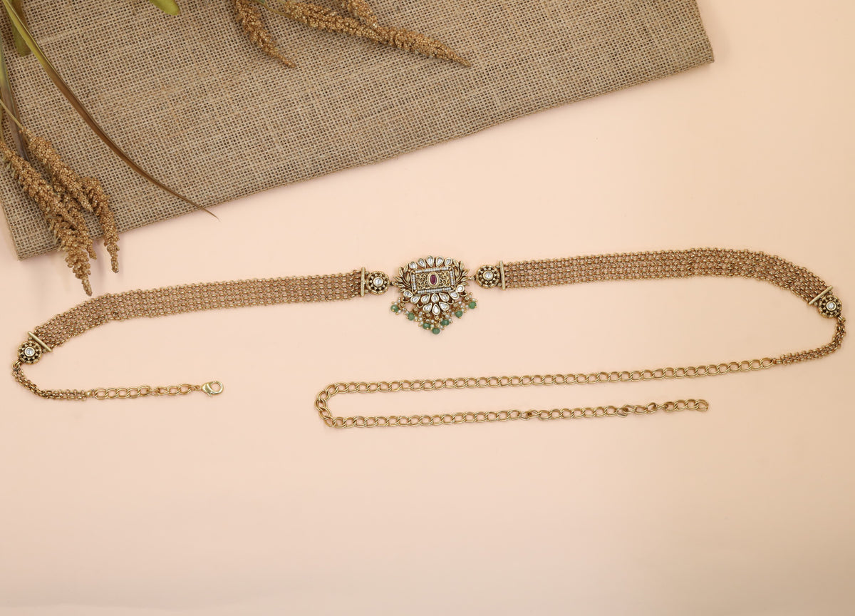 Luxe Antique Waist Belt with Semi-Precious Zircon Floral Centre