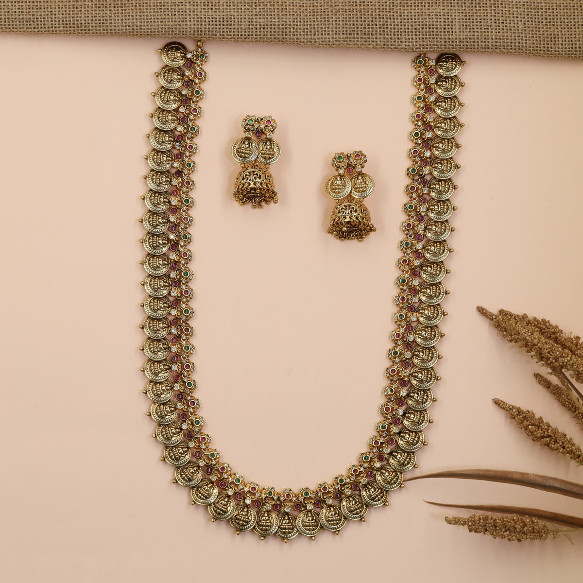 Traditional Coin Antique Long Haara Set with Florals