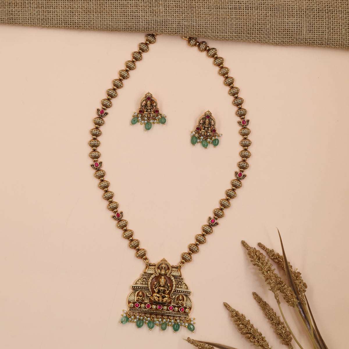 Lakshmi Antique Chain Set with Pendant and Temple Design