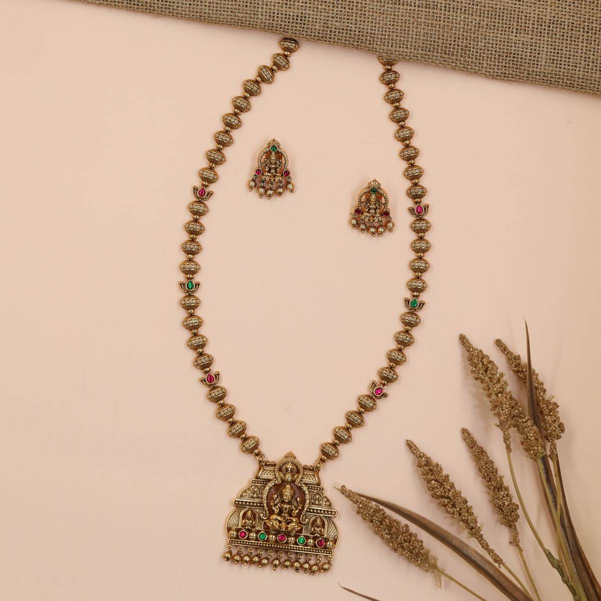 Lakshmi Antique Chain Set with Pendant and Temple Design