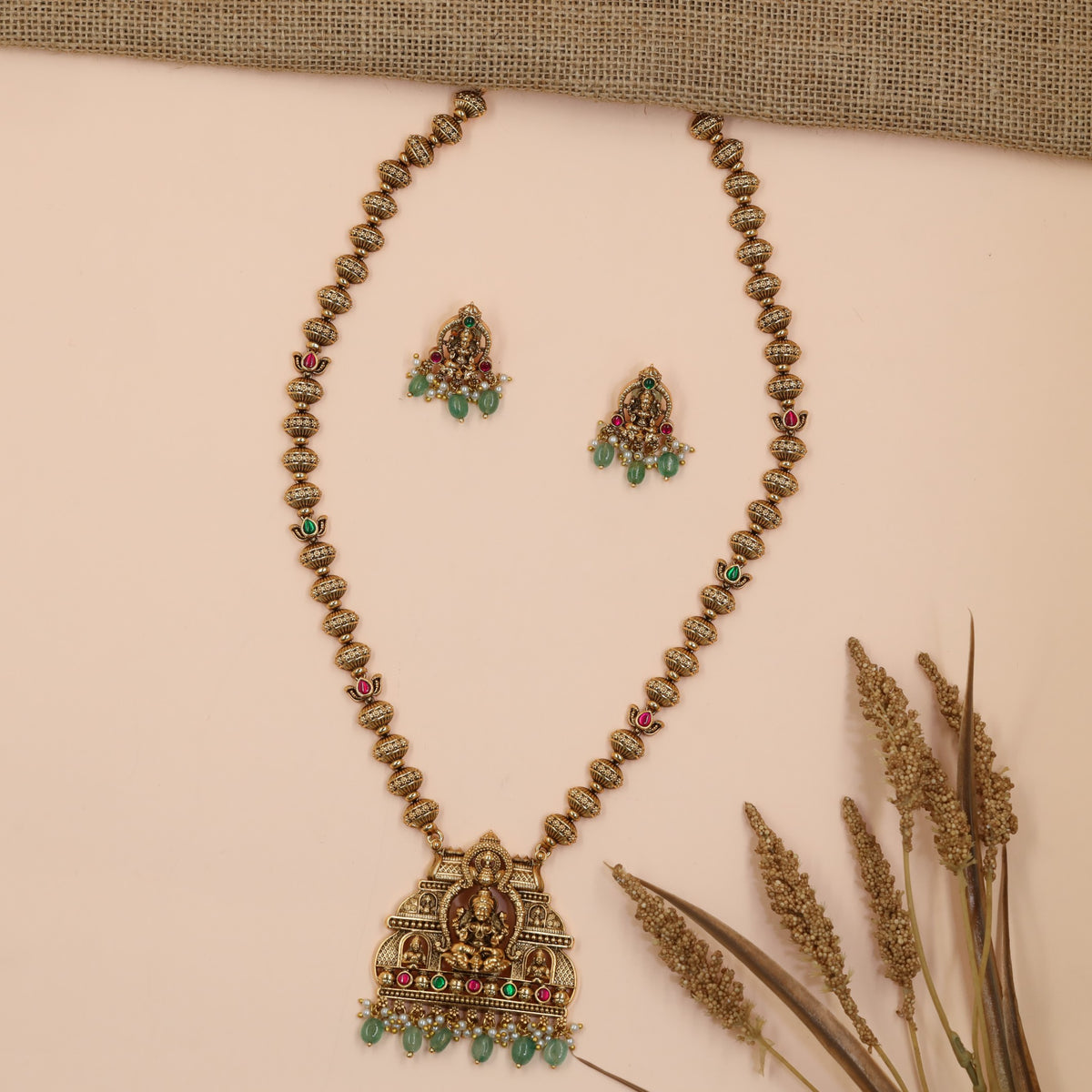 Lakshmi Antique Chain Set with Pendant and Temple Design