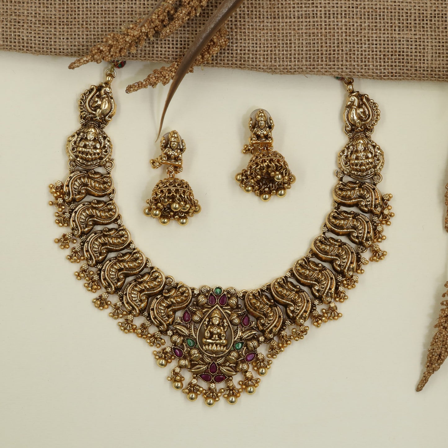 Antique Temple Lakshmi Necklace with Sculpted Scrollwork Design