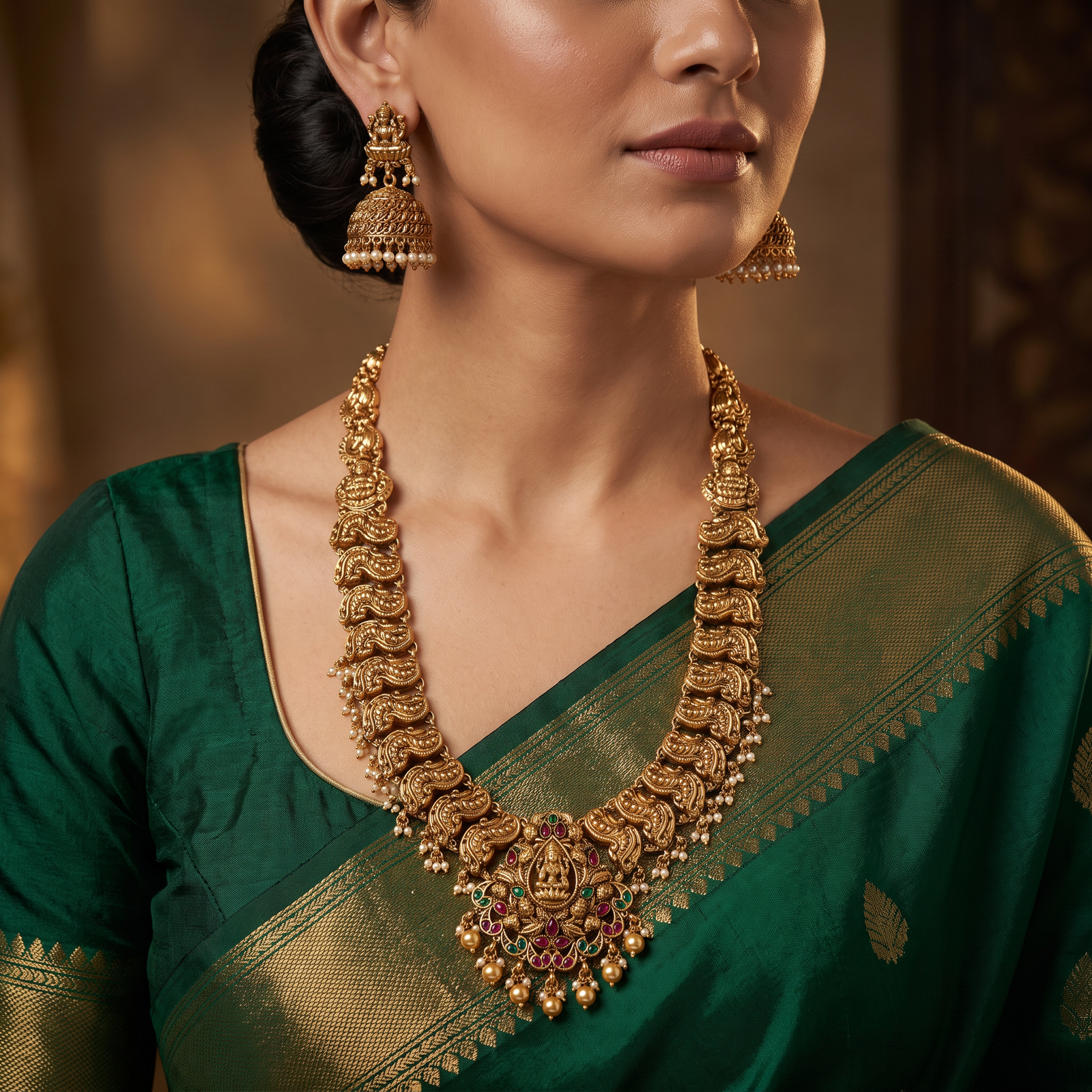 Heritage Antique Long Haara with Lakshmi Centerpiece and Classic Craftsmanship