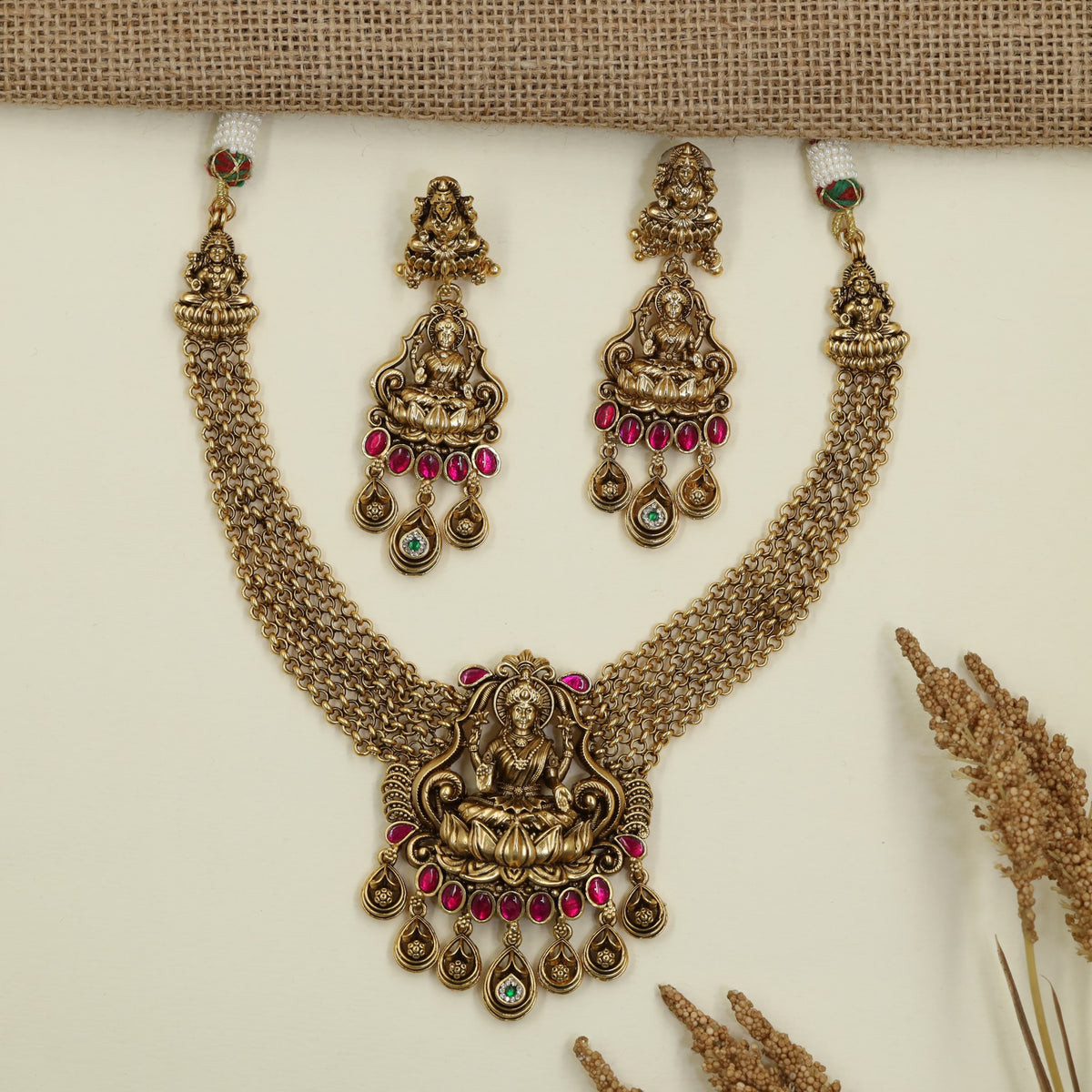 Grand Temple Antique Necklace Set with Lakshmi Centre Design