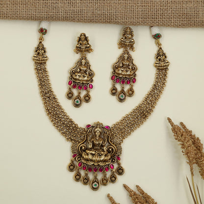 Grand Temple Antique Necklace Set with Lakshmi Centre Design