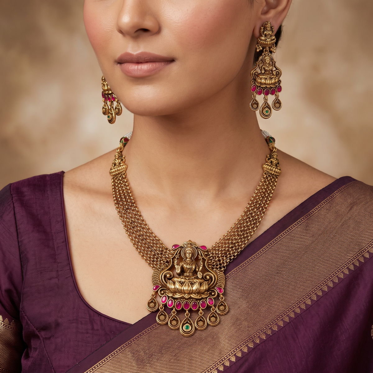 Grand Temple Antique Necklace Set with Lakshmi Centre Design