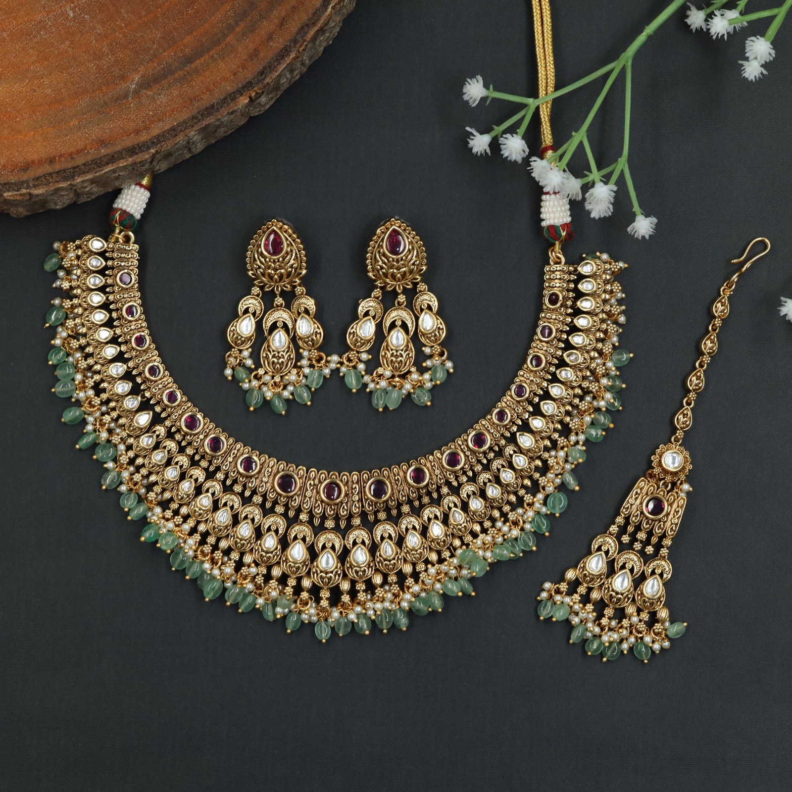 Antique Necklace with Layered Teardrop Design and Pearl Fringe