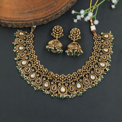 Antique Floral Paisley Necklace Set with Jumkas