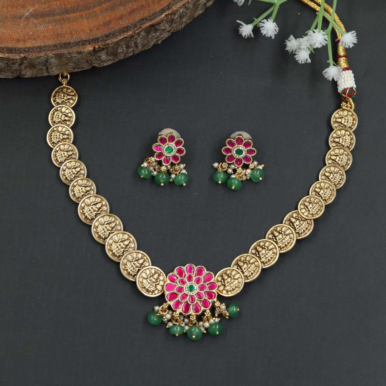 Temple Style Antique Choker Featuring Floral Centre Design