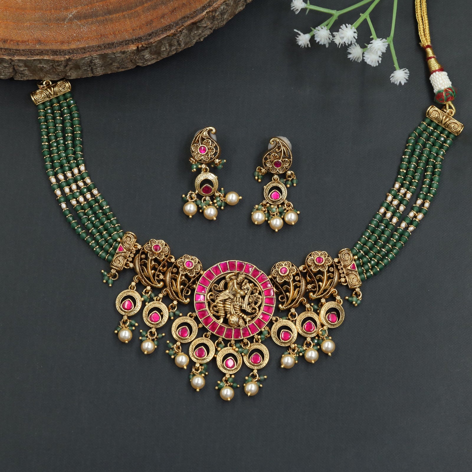 Classic Antique Beads Necklace with Krishna Radhe Artwork
