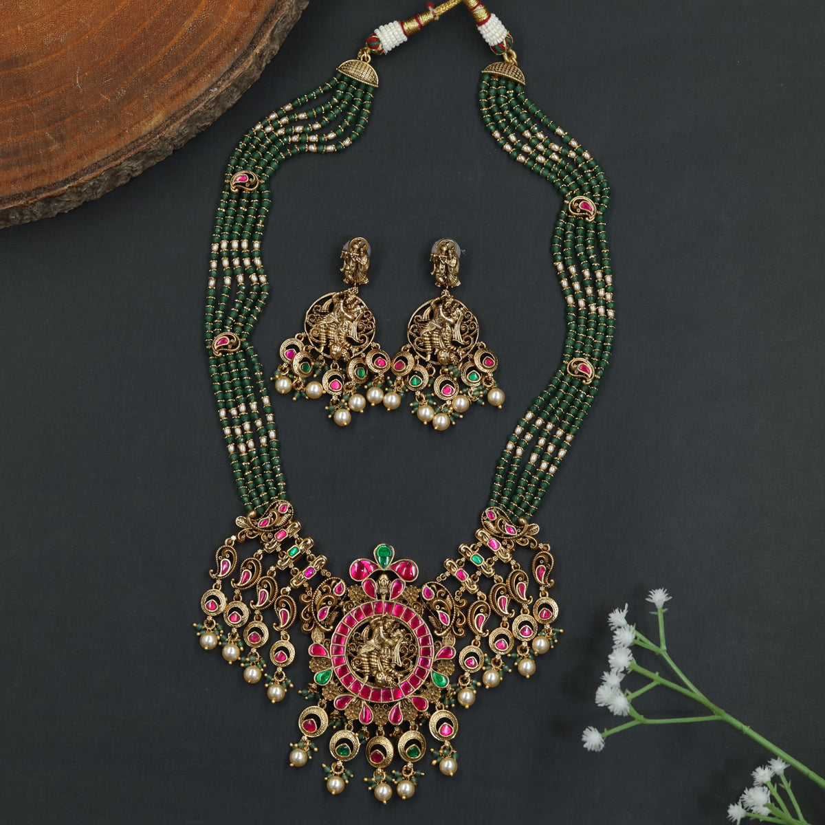 Antique Beads Long Haara Set with Scrollwork