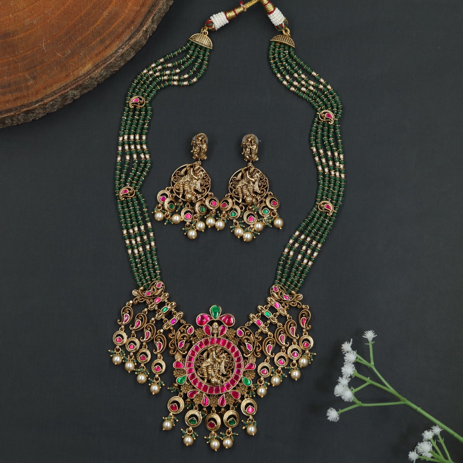 Antique Beads Long Haara with Multi Strand Beadwork and Scrollwork