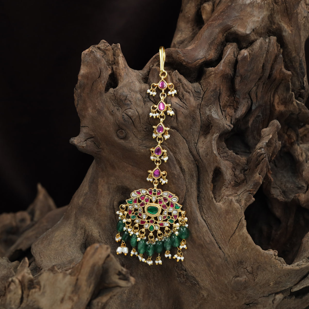Floral Medallion Jadau Tikka with Openwork Pendant