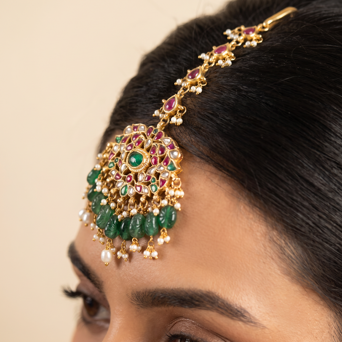 Floral Medallion Jadau Tikka with Openwork Pendant