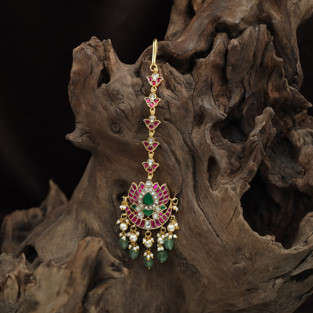 Lotus Bloom Jadau Tikka with Cascading Drop Fringe