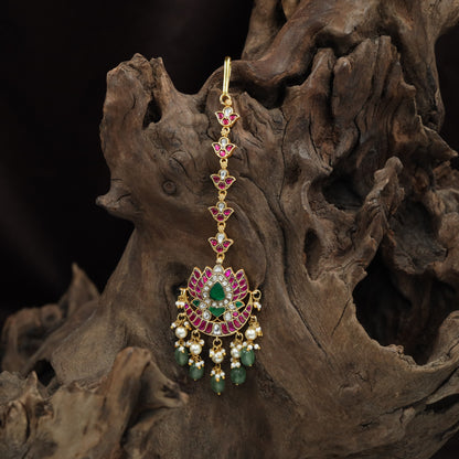 Lotus Bloom Jadau Tikka with Cascading Drop Fringe
