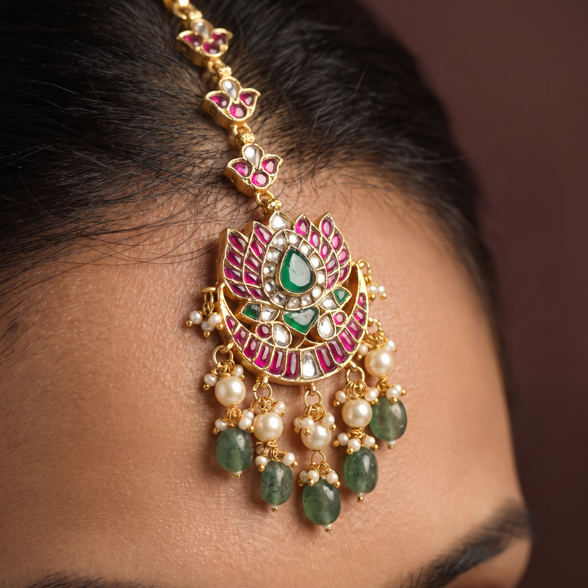 Lotus Bloom Jadau Tikka with Cascading Drop Fringe