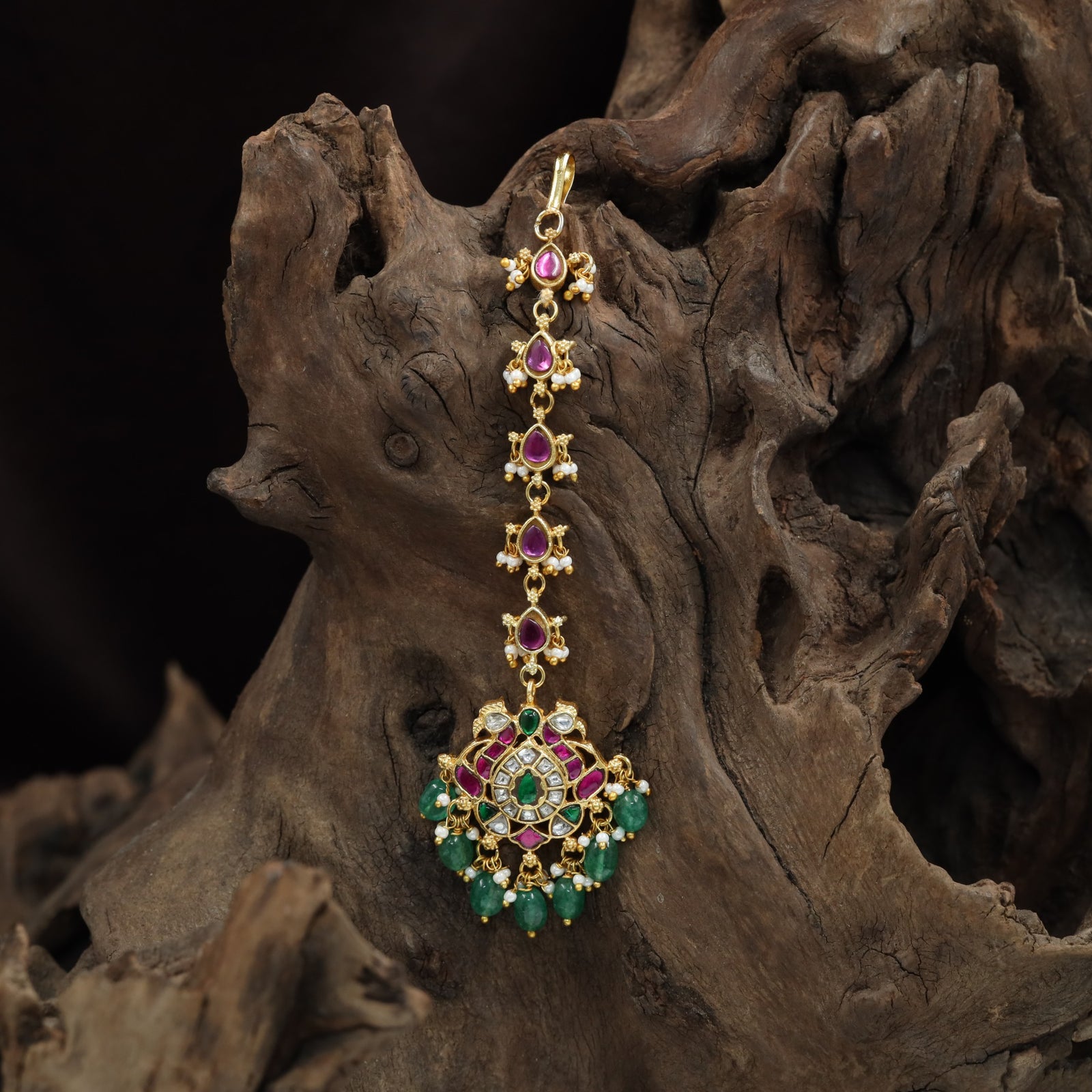 Chandelier Peacock Jadau Tikka with Ornamental Medallion