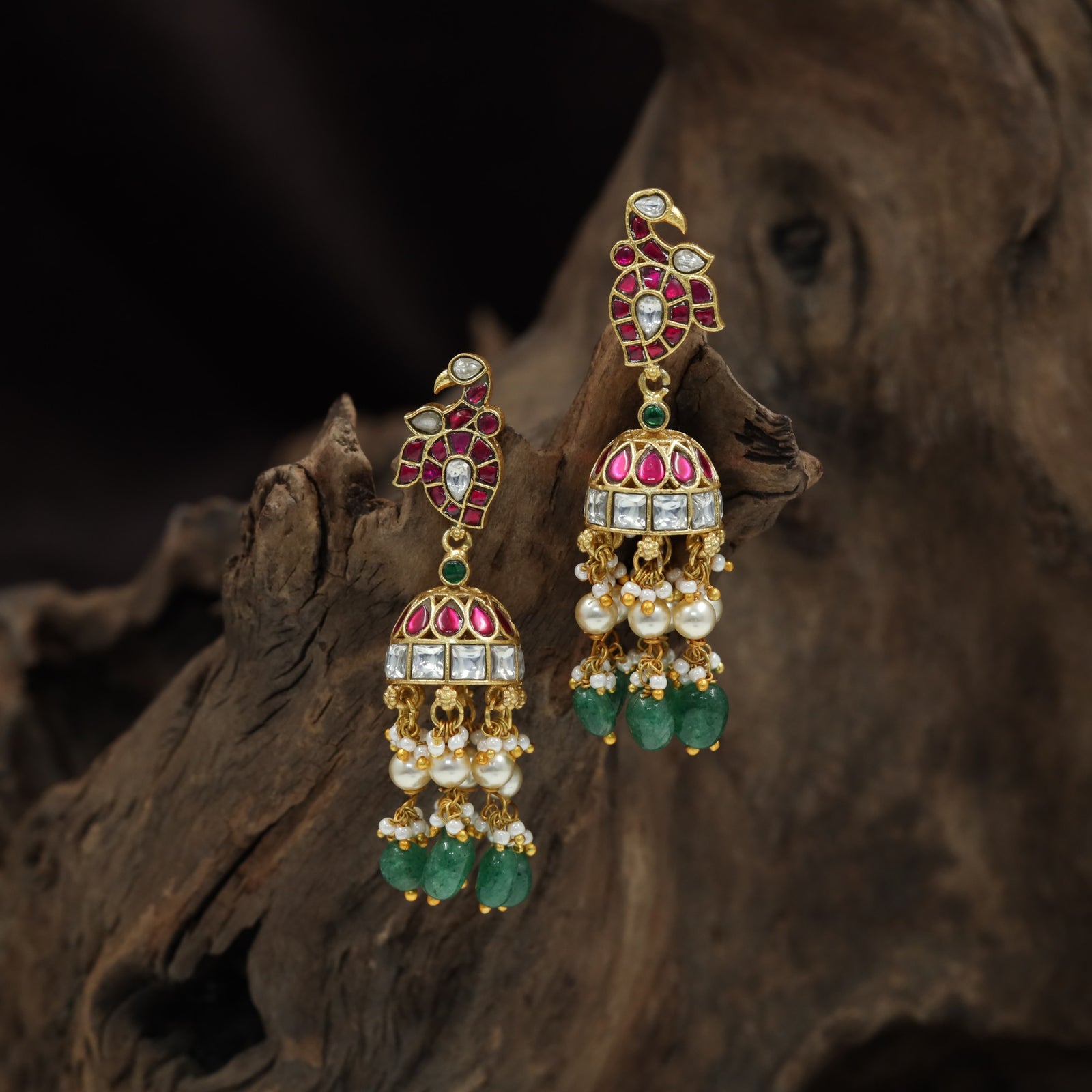 Handcrafted Jadau Jumka with Decorative Hanging Drops