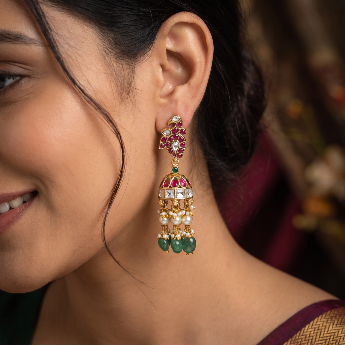 Handcrafted Jadau Jumka with Decorative Bead Drops