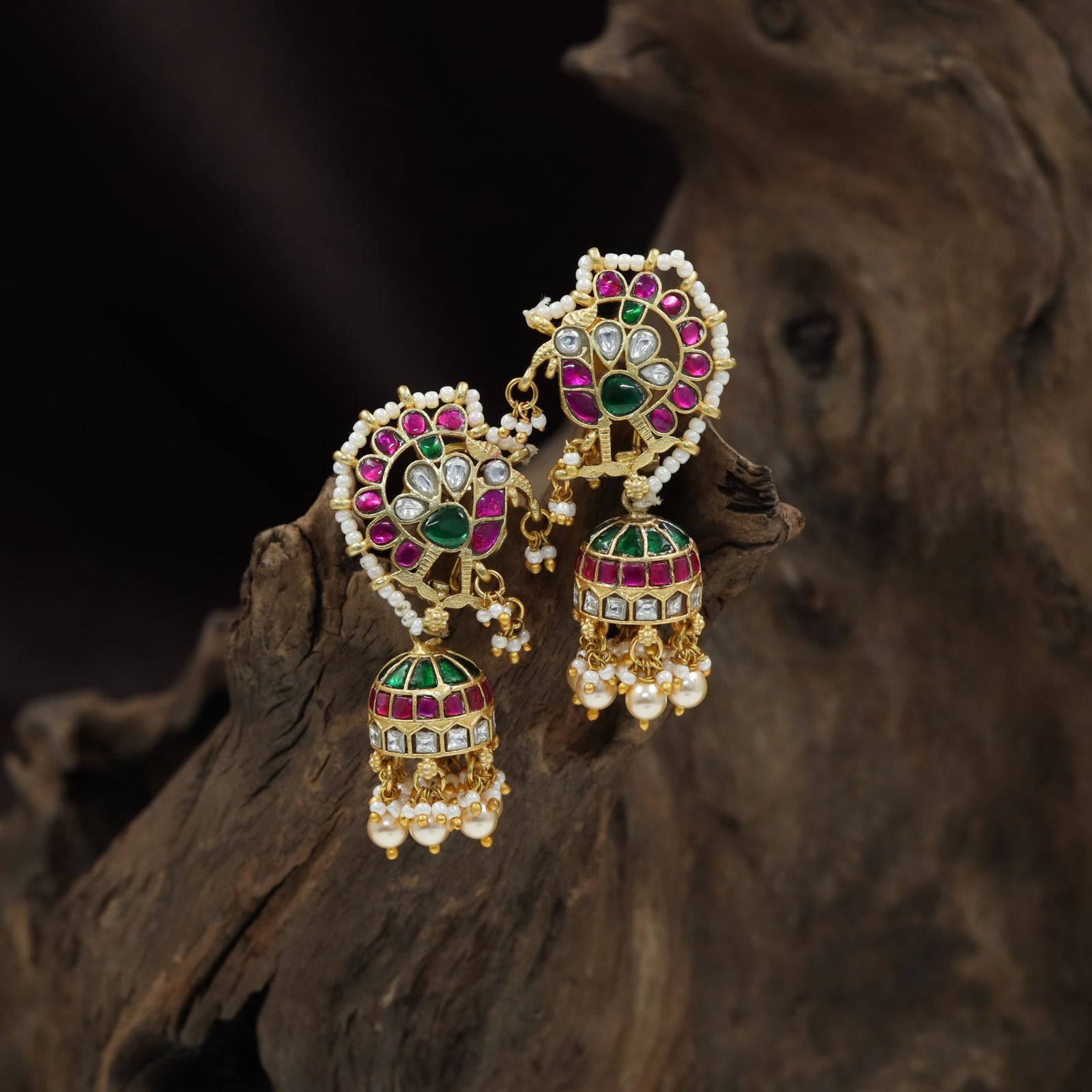 Ethnic Peacock Jadau Jumka with Decorative Dome Accents