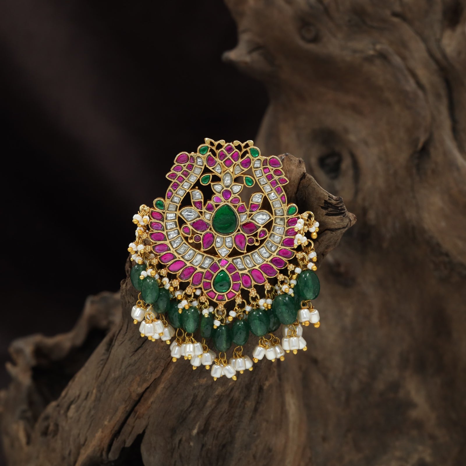 Floral Halo Jadau Pendant Featuring Cascading Drop Fringe