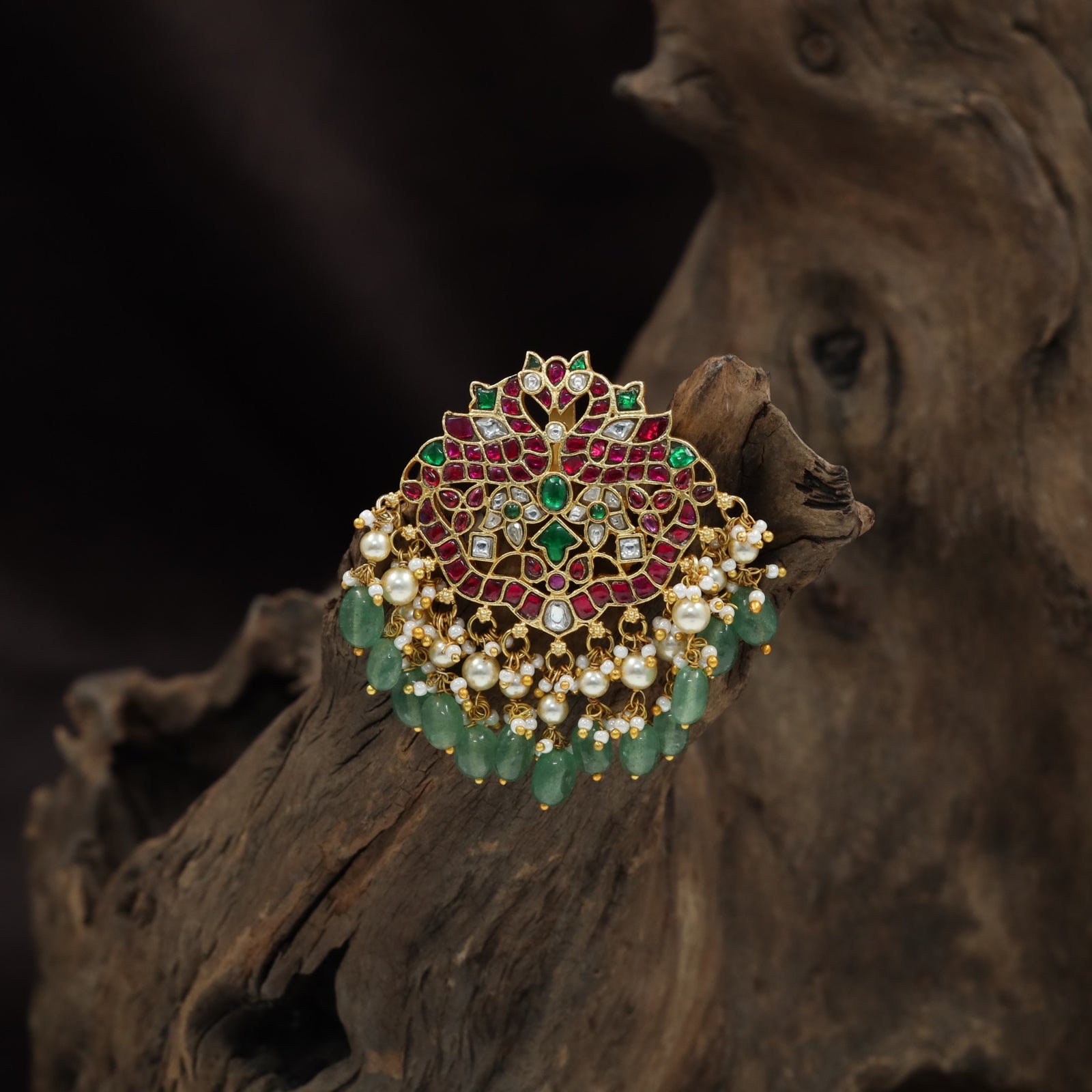 Artisan Peacock Jadau Pendant with Intricate Floral Framework