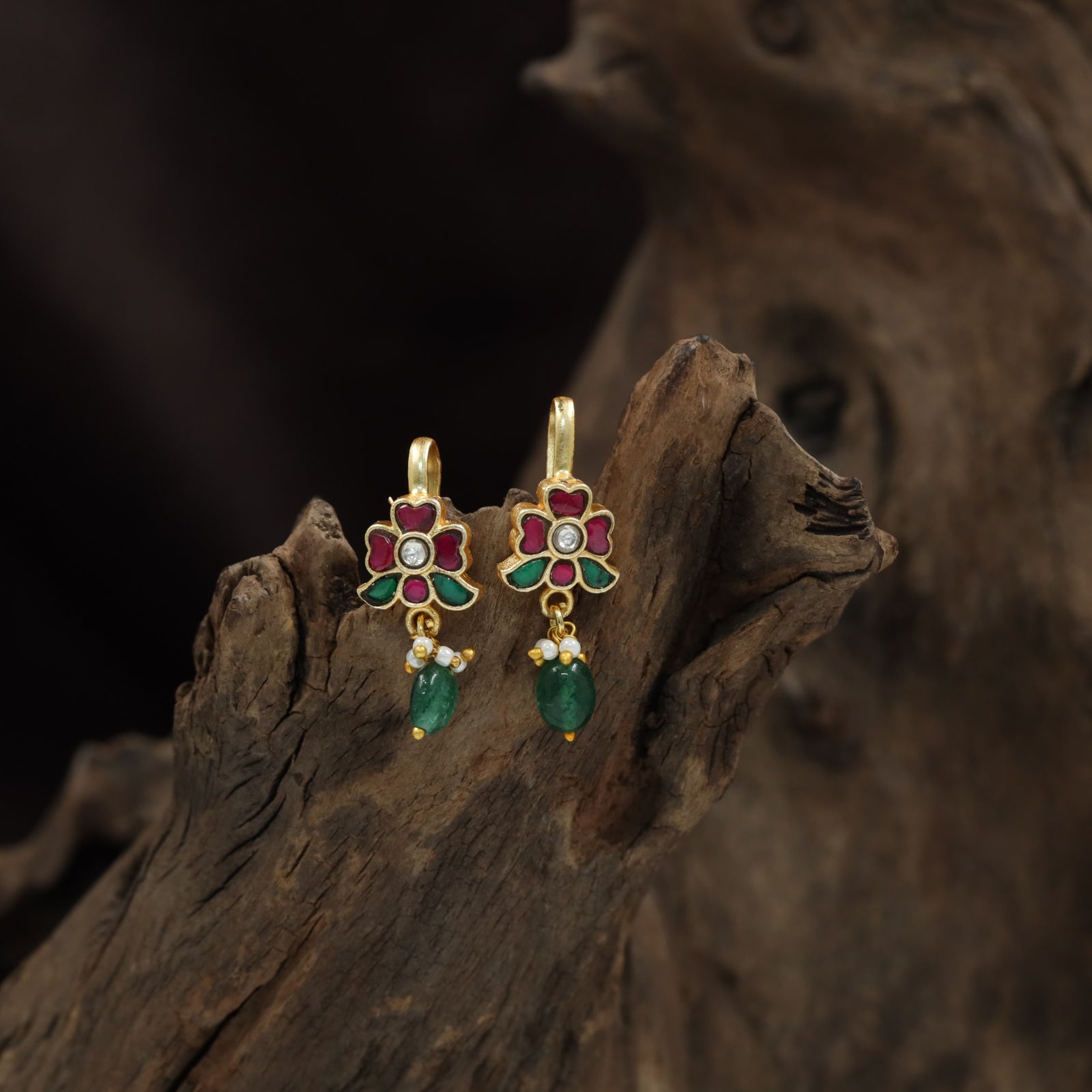 Floral Jadau Bugadi with Hanging Bead Drop