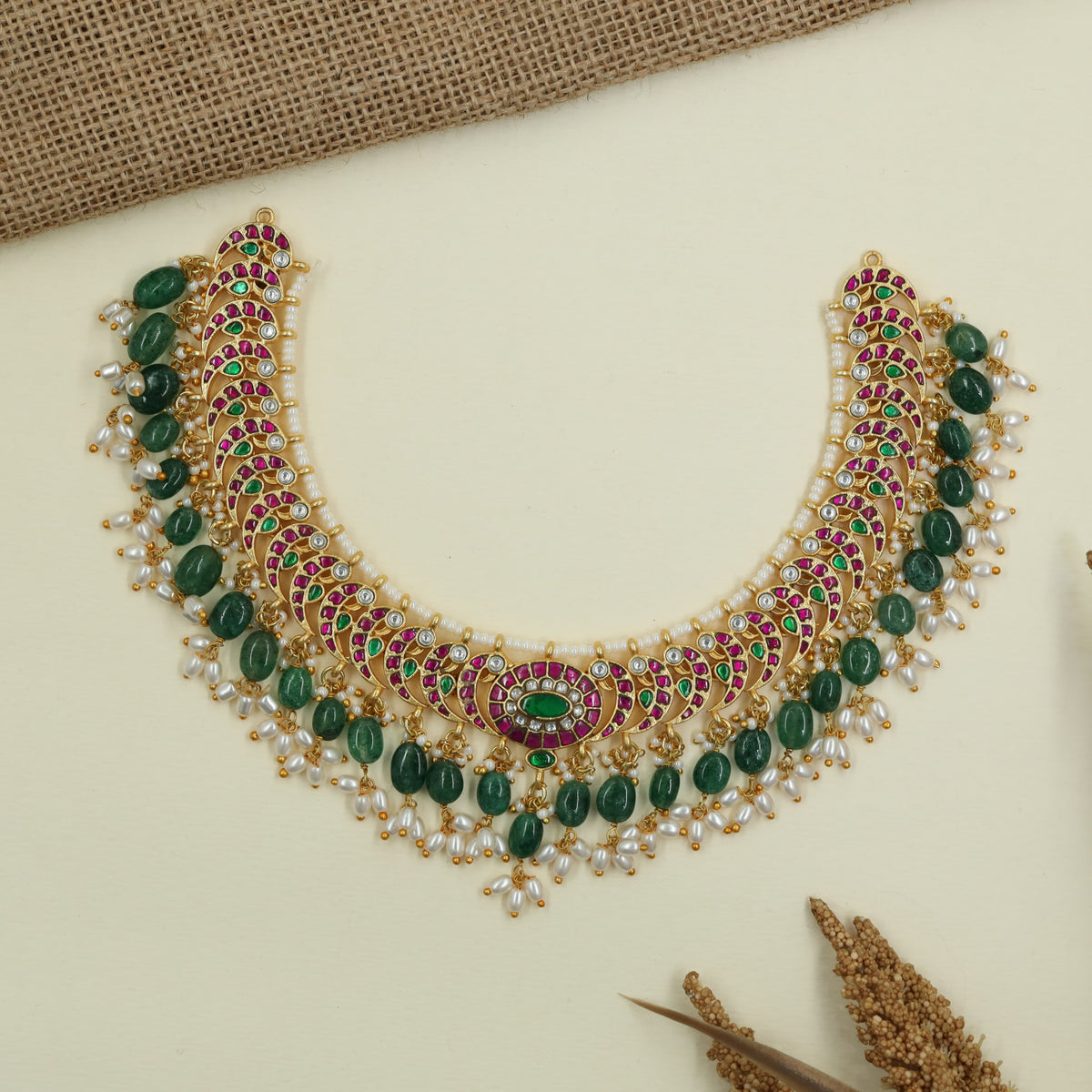 Botanical Jadau Necklace with Crescent Link Silhouette