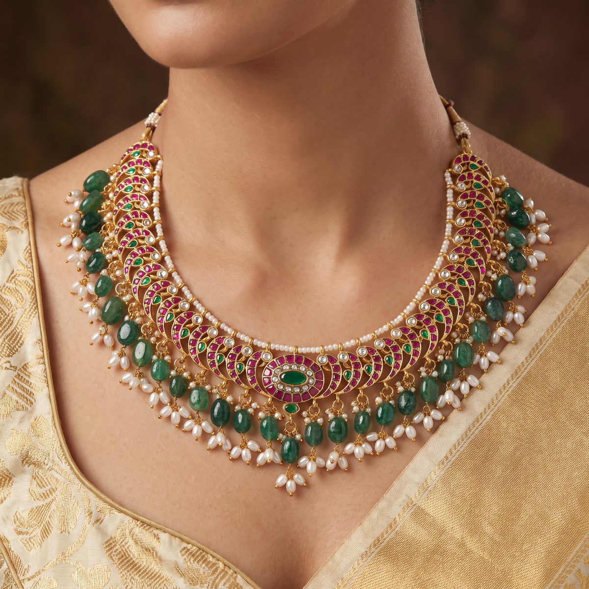 Botanical Jadau Necklace with Crescent Link Silhouette