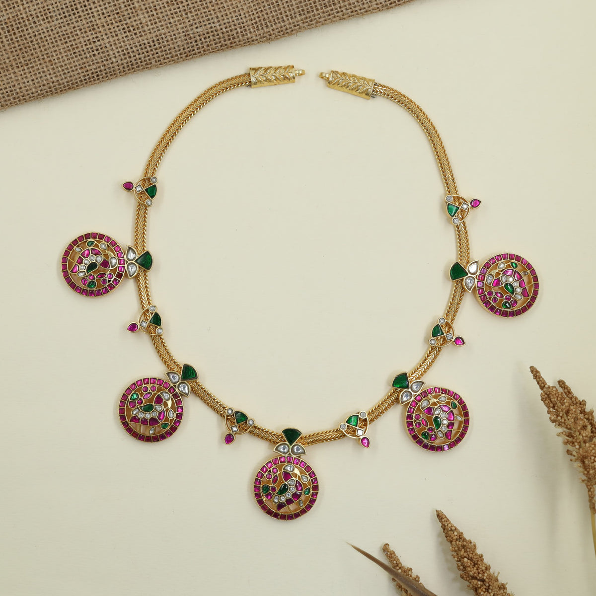 Temple Peacock Jadau Necklace with Medallion Arrangement