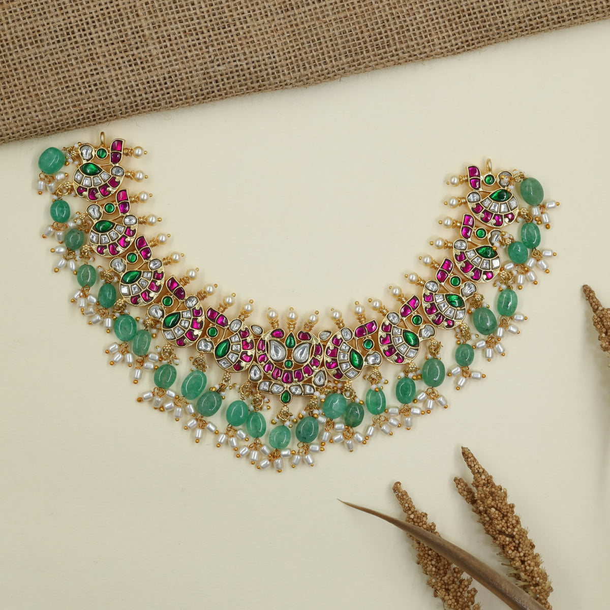 Grand Peacock Jadau Necklace with Intricate Fanwork Links