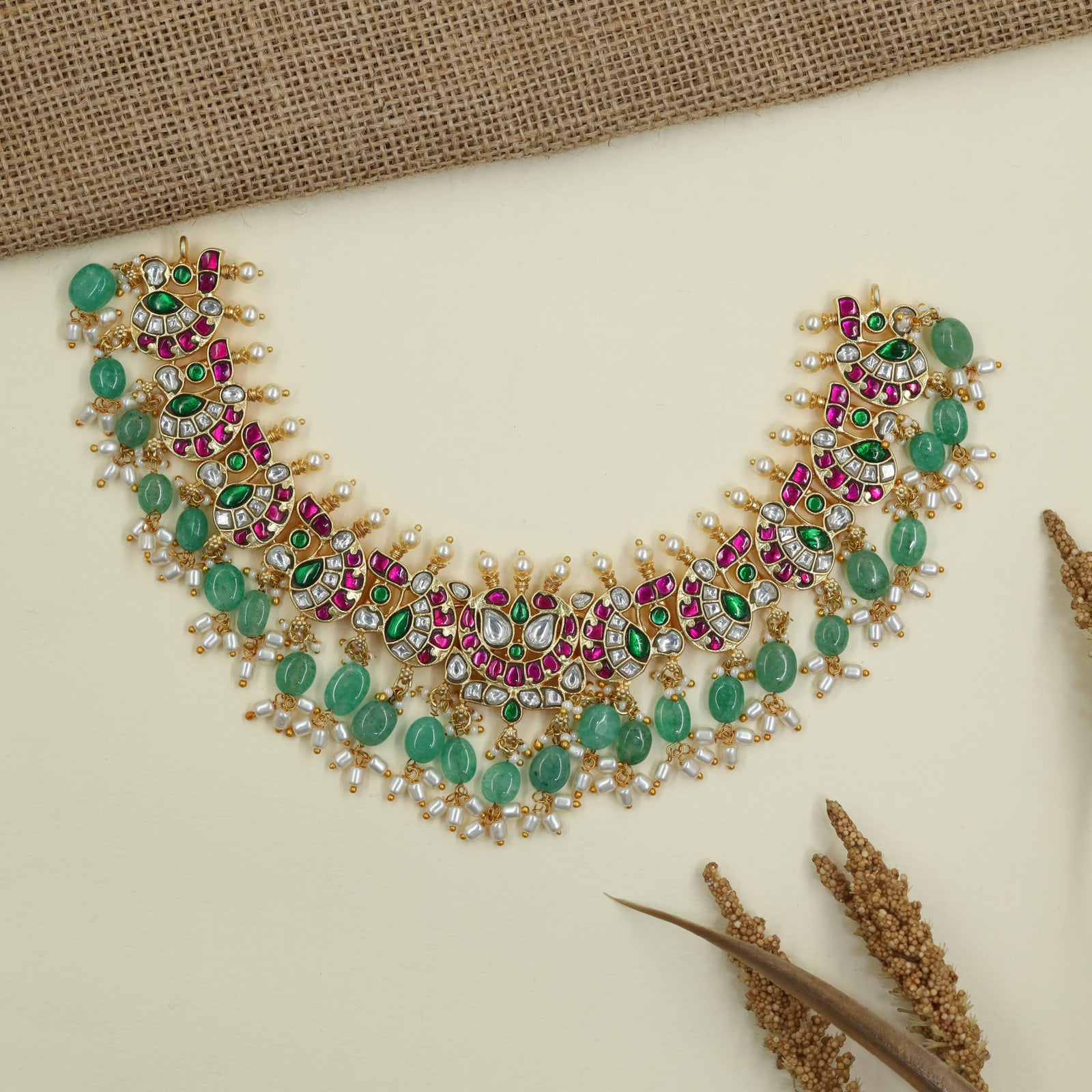 Grand Peacock Jadau Necklace with Intricate Fanwork Links