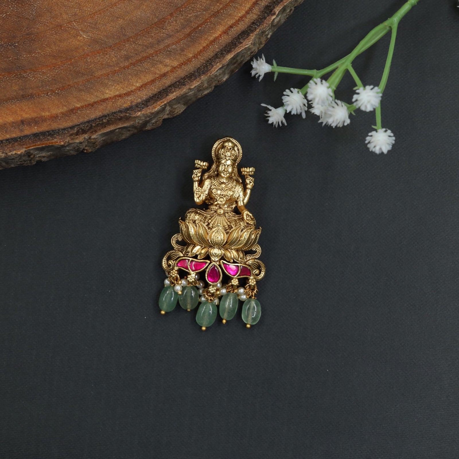 Heritage Antique Jade Bille Featuring Lakshmi on Lotus