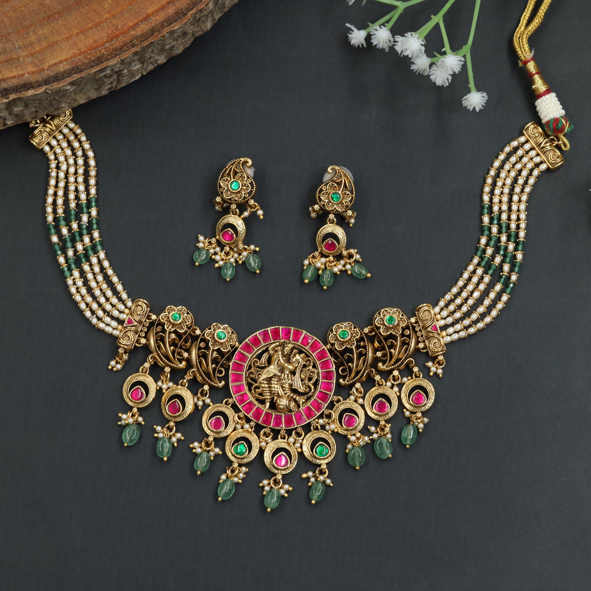 Antique Krishna Radhe Beads Choker Set