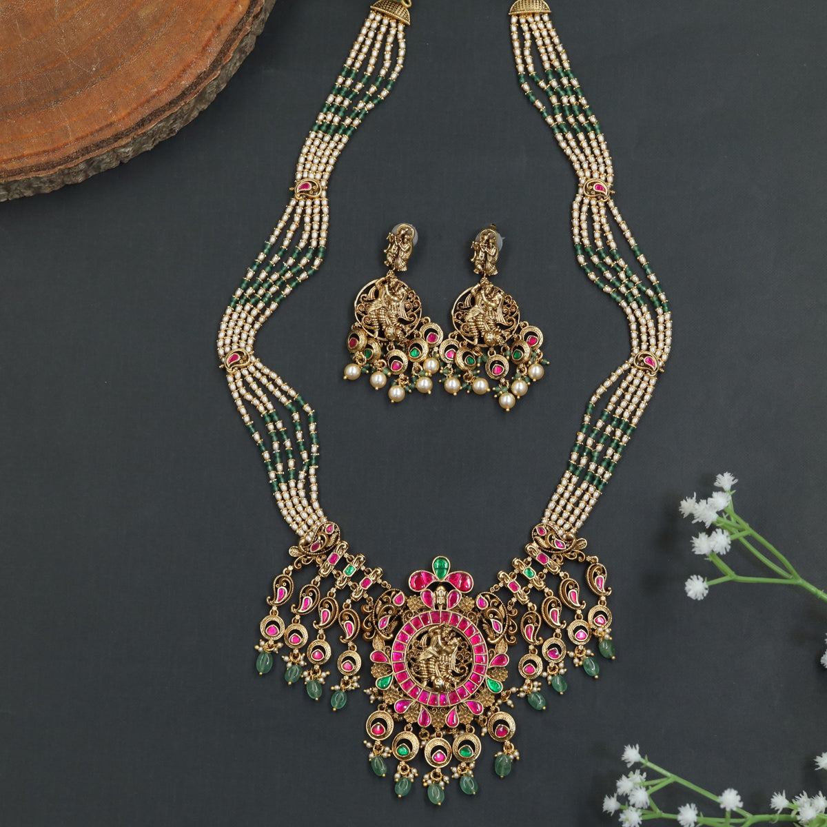 Antique Krishna Radhe Beads Long Haara Set