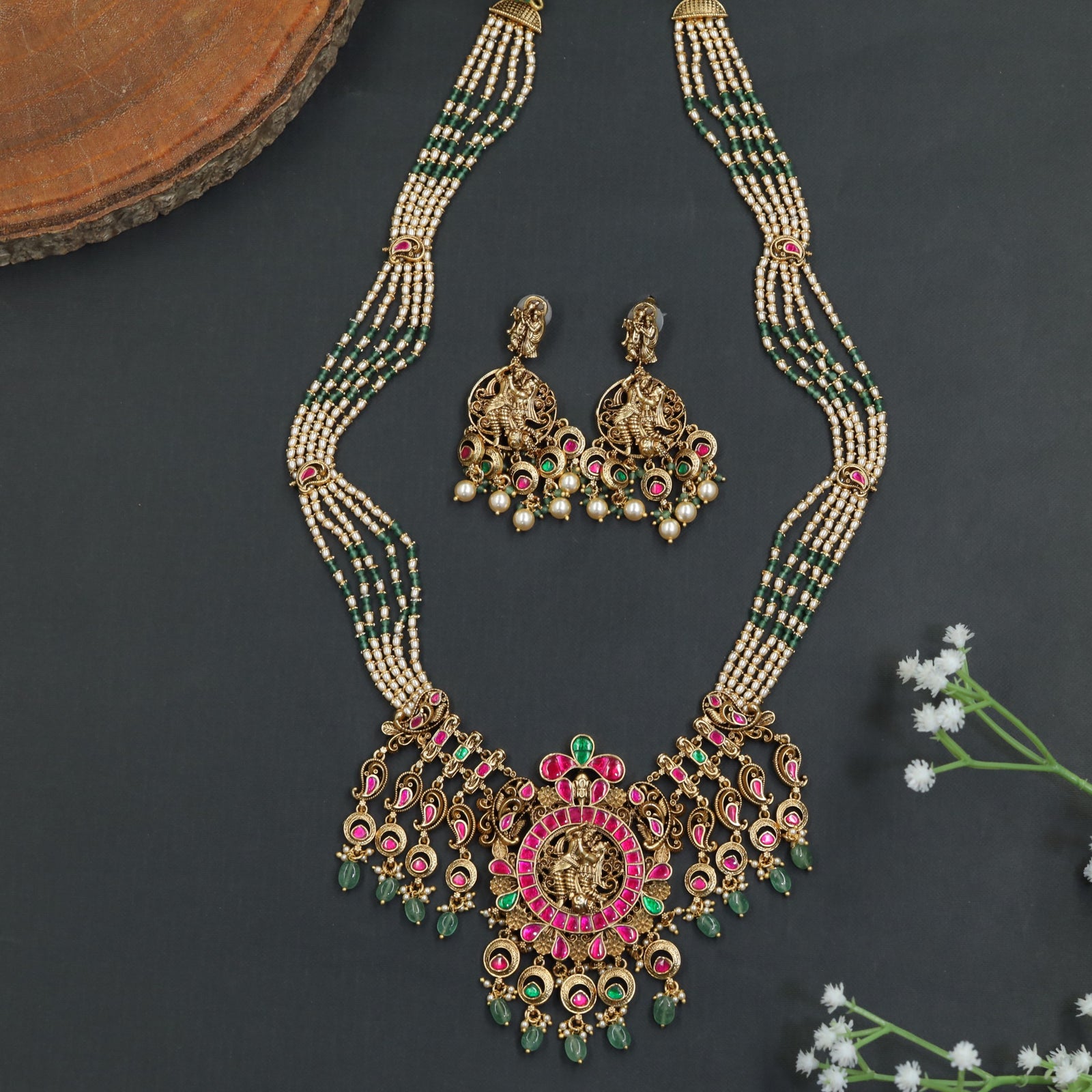 Antique Beads Long Haara with Krishna Radhe Circular Pendant