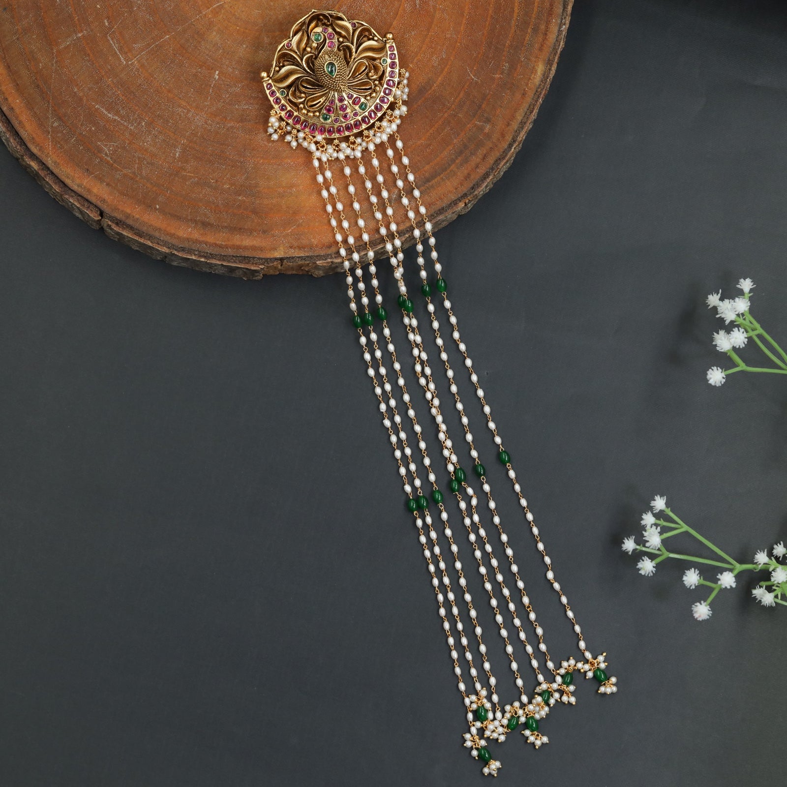 Ceremonial Antique Beads Long Jade with Peacock Detailing