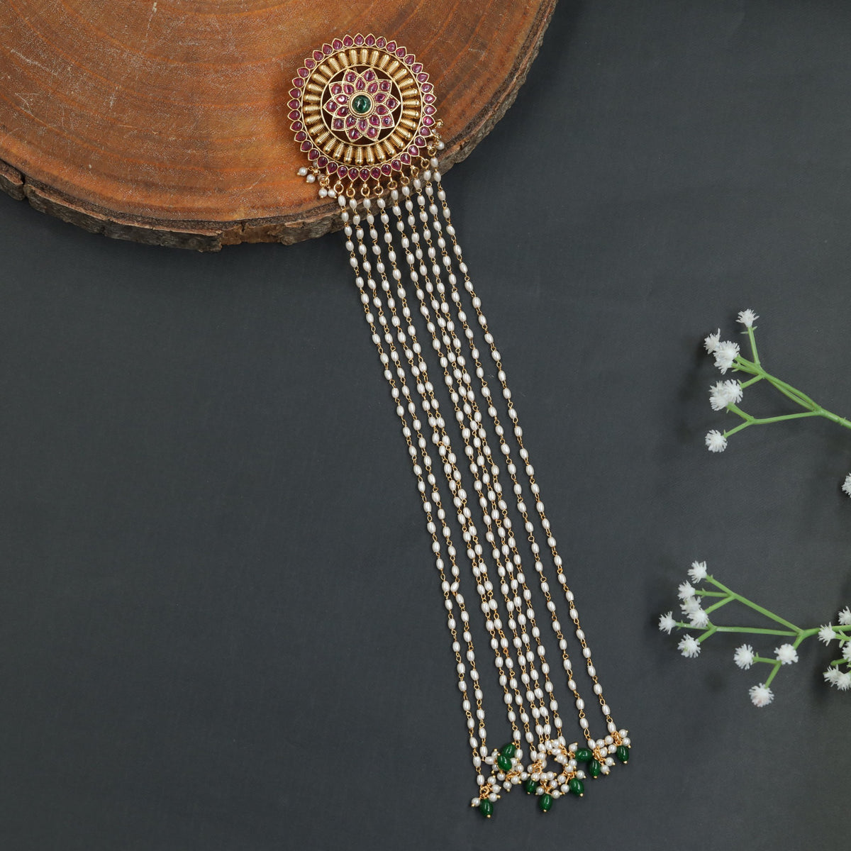 Antique Beads Long Jade with Sunburst Disc