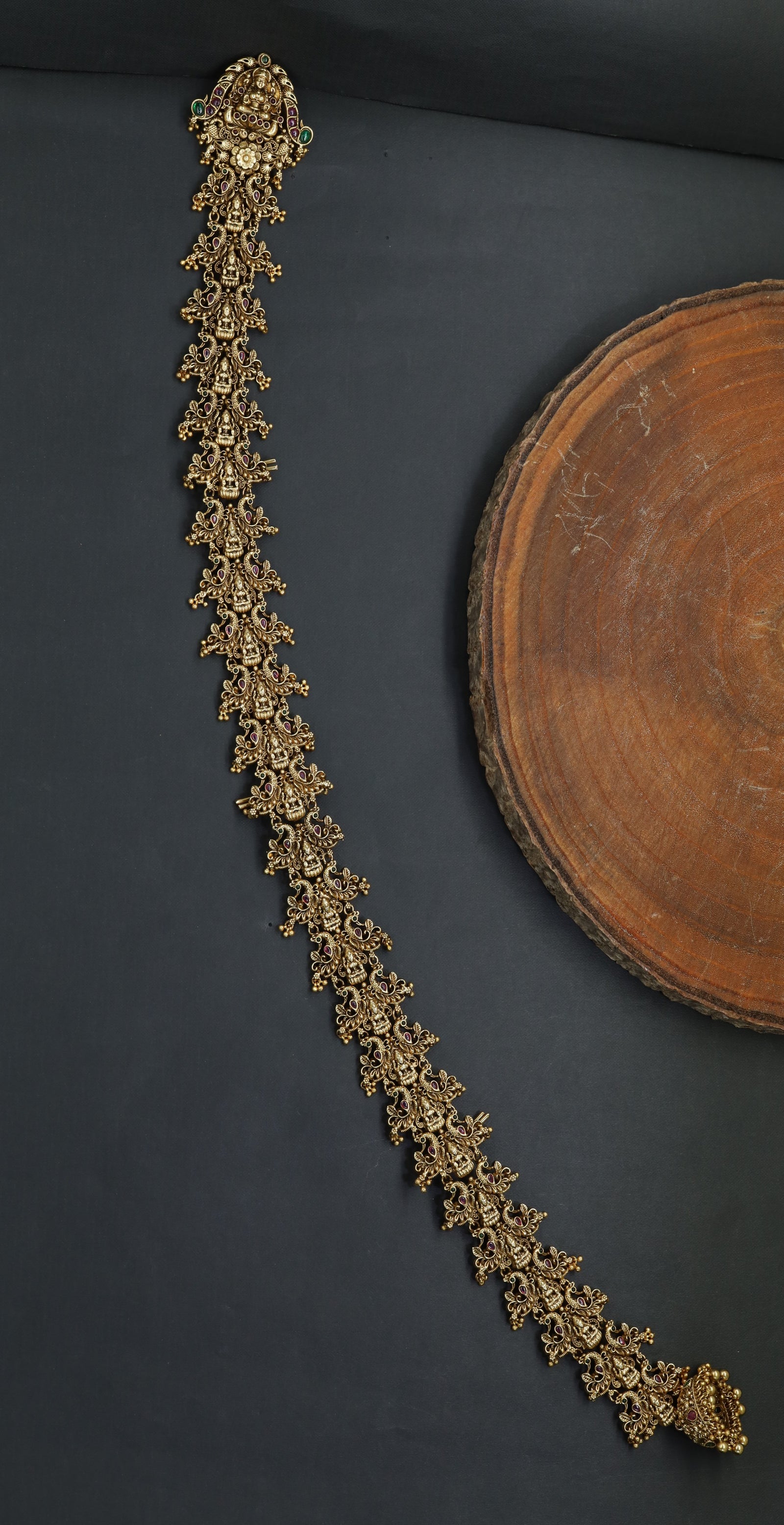 Temple Style Antique Long Jade Featuring Lakshmi Centrepiece and Ornate Floral Links
