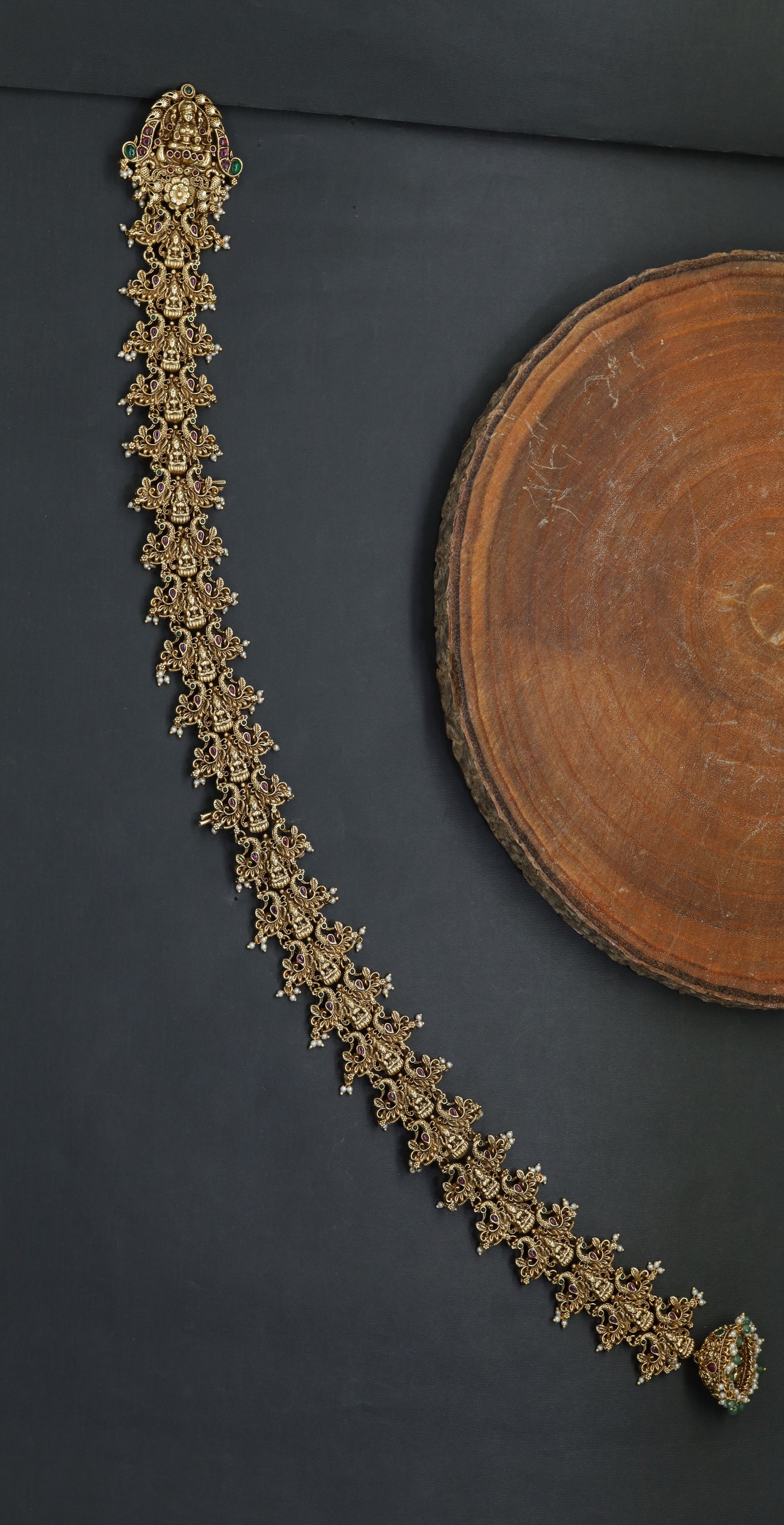 Temple Style Antique Long Jade Featuring Lakshmi Centrepiece and Ornate Floral Links