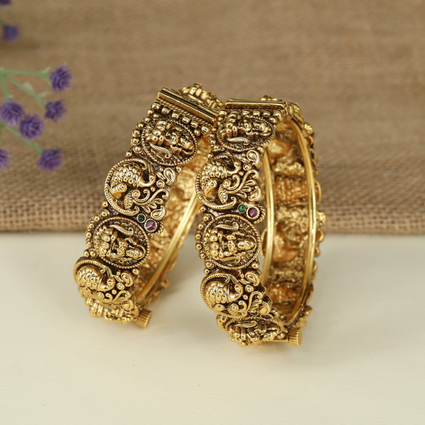 Circular Lakshmi Antique Bangles Featuring Intricate Peacock Relief Work