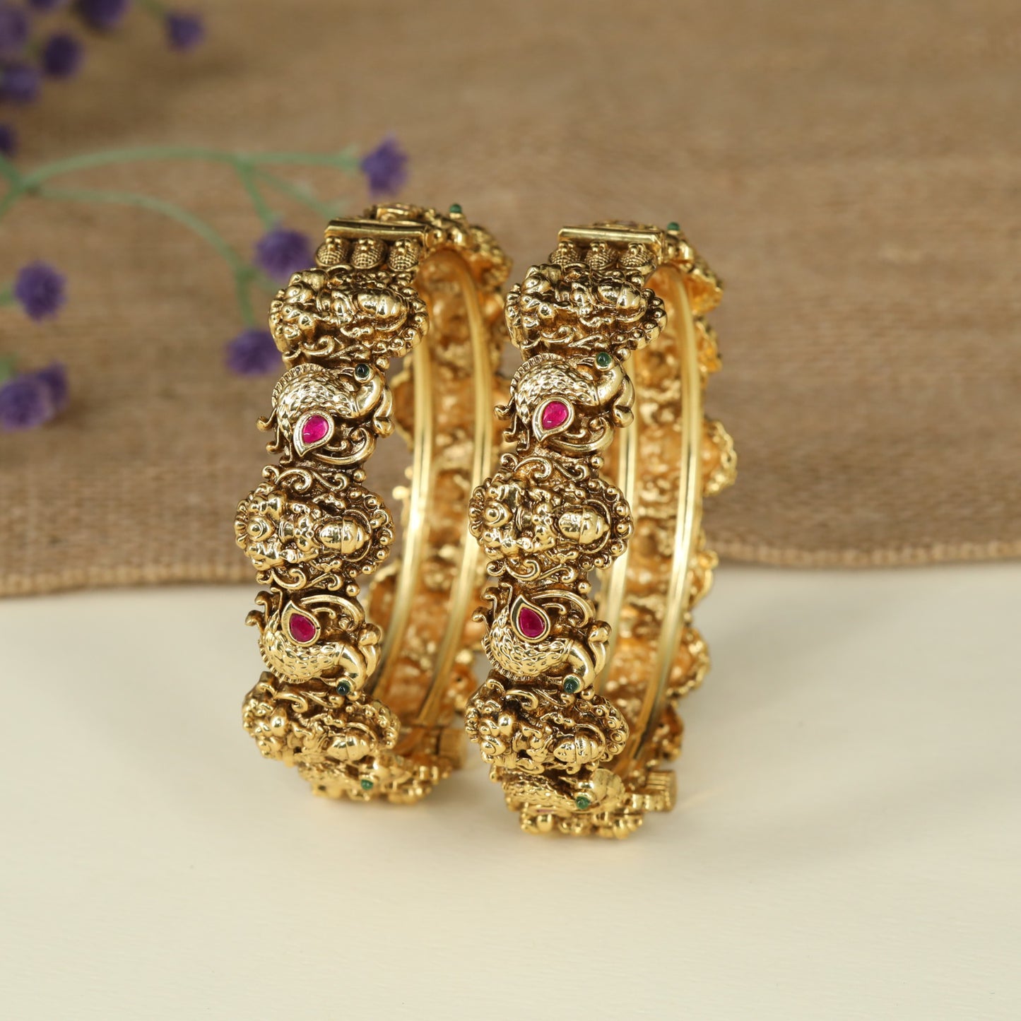 Elegant Lakshmi Antique Bangles Blending Peacock Forms with Temple Craftsmanship