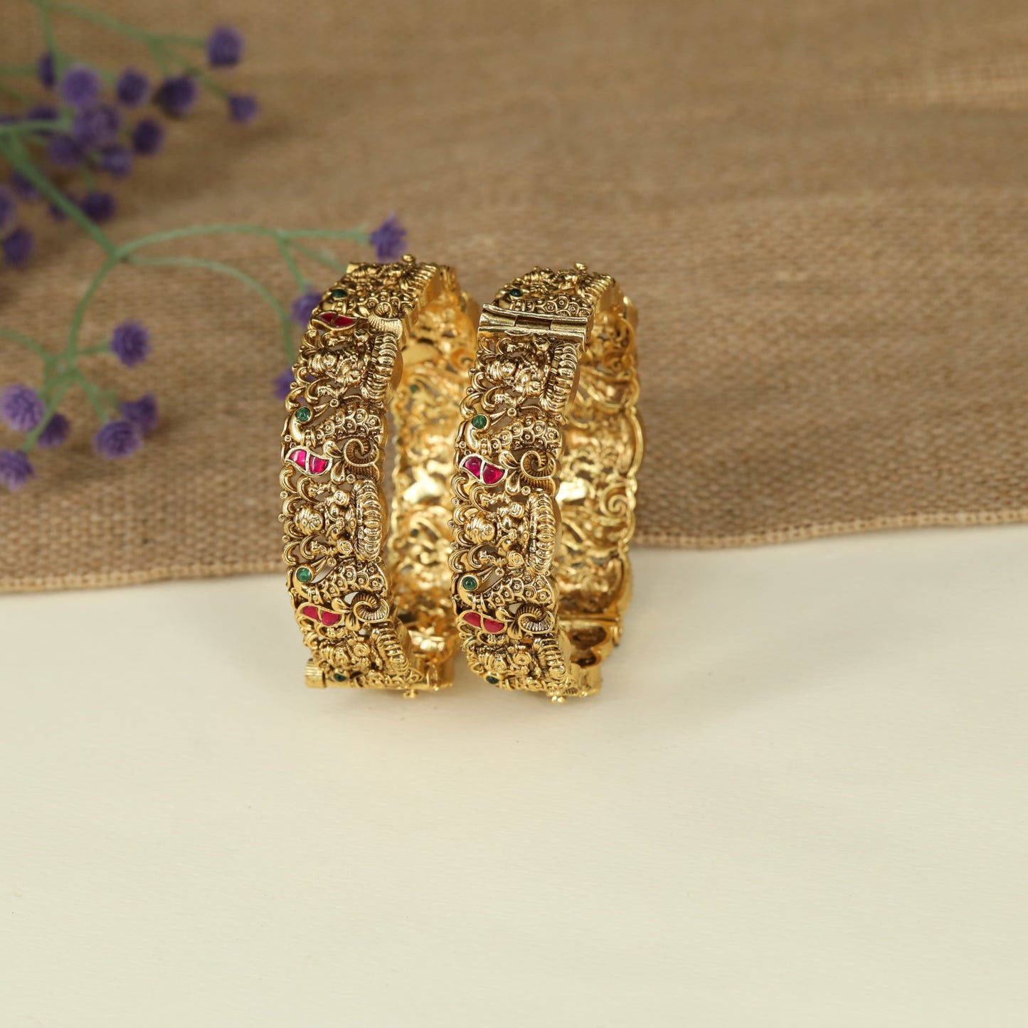 Lakshmi Peacock Antique Bangles with Intricate Temple Craftsmanship