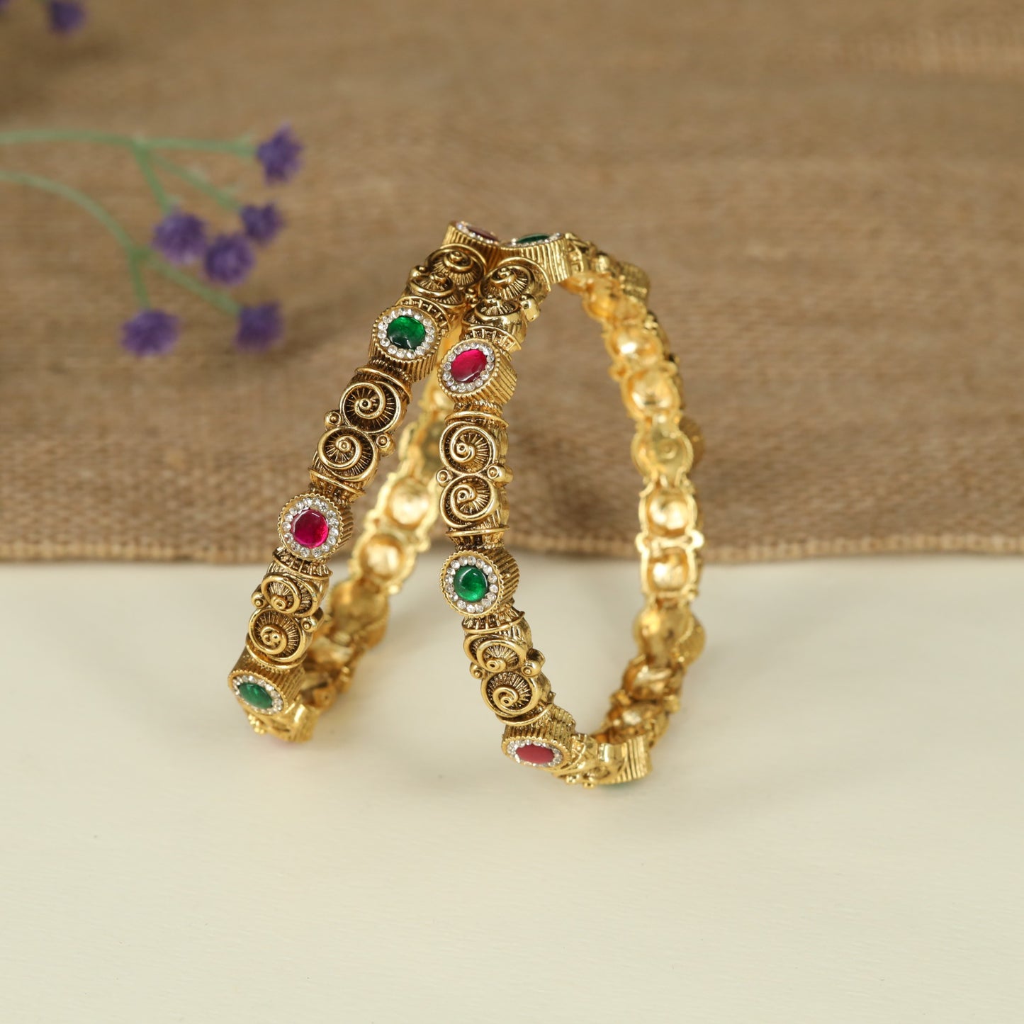 Spiral Scroll Antique Bangles with Decorative Round Accent Design