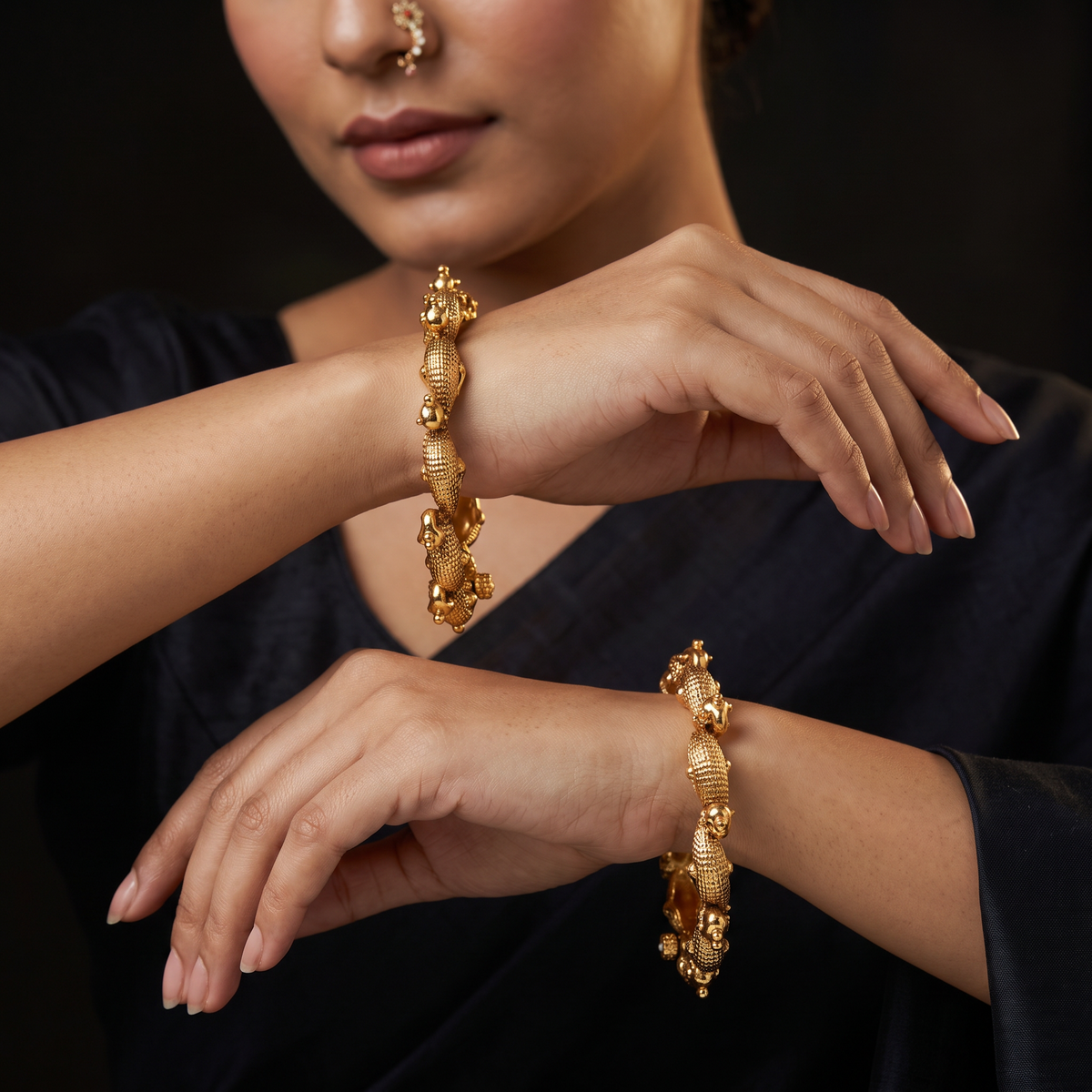 Sculpted Peacock Antique Bangles with Textured Detailing