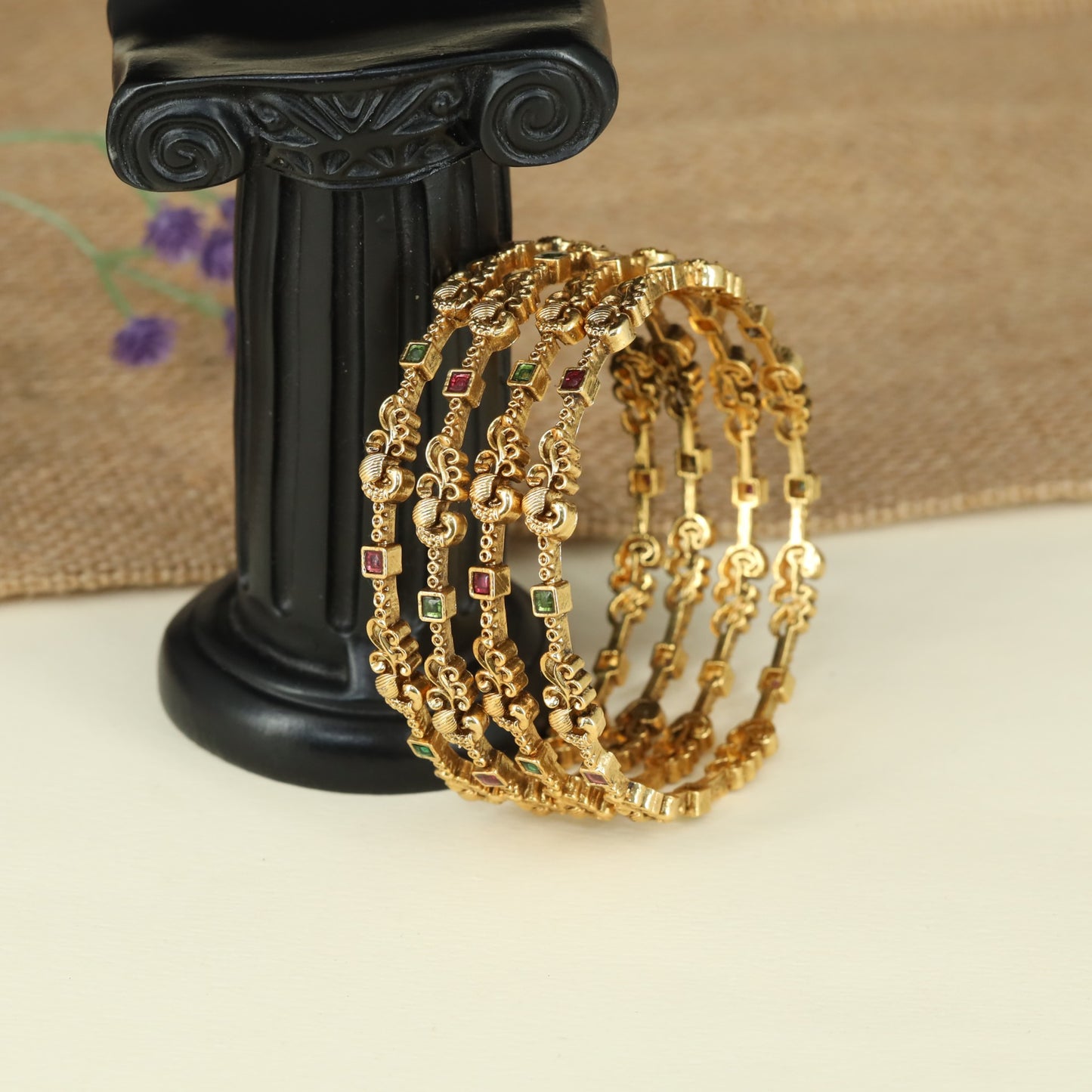Twisted Link Antique Bangles with Square Accent Detailing