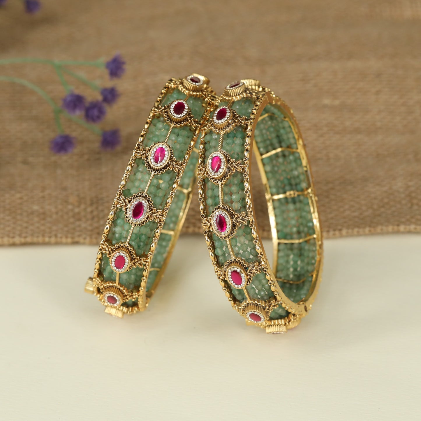 Festive Antique Bangles with Delicate Botanical Detailing and Heritage Styling