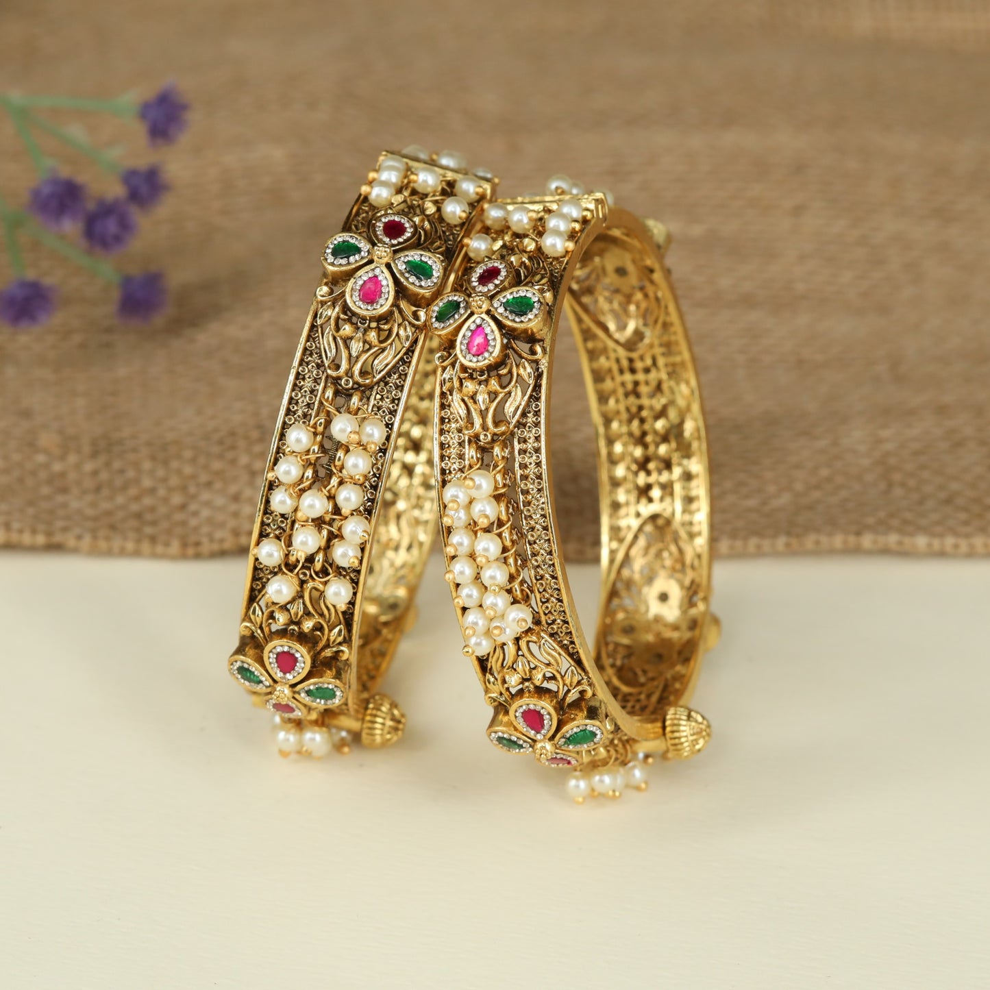 Pearl Fringe Antique Bangles with Floral Crest and Intricate Filigree Design