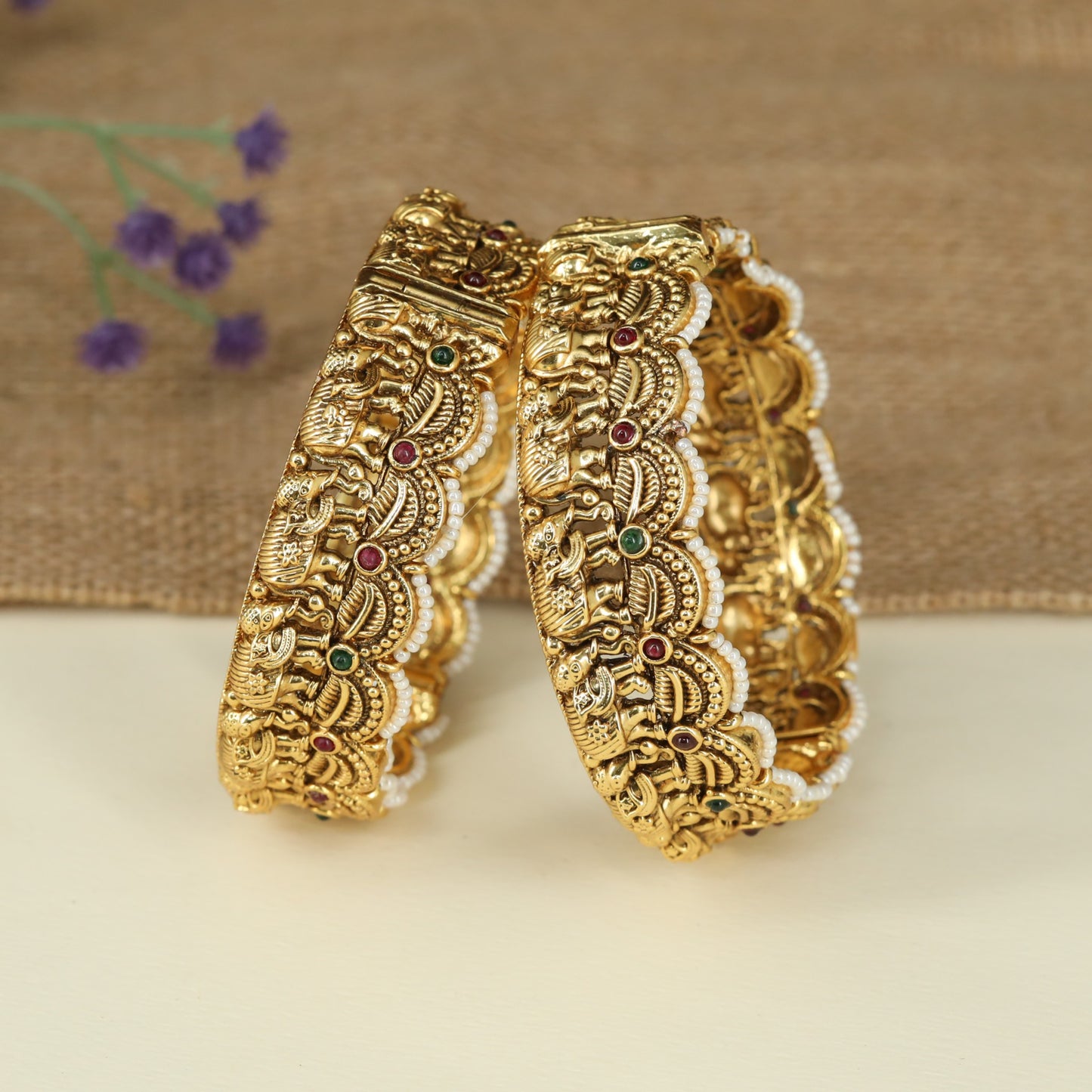 Temple-Inspired Antique Bangles with Repeating Elephant Design